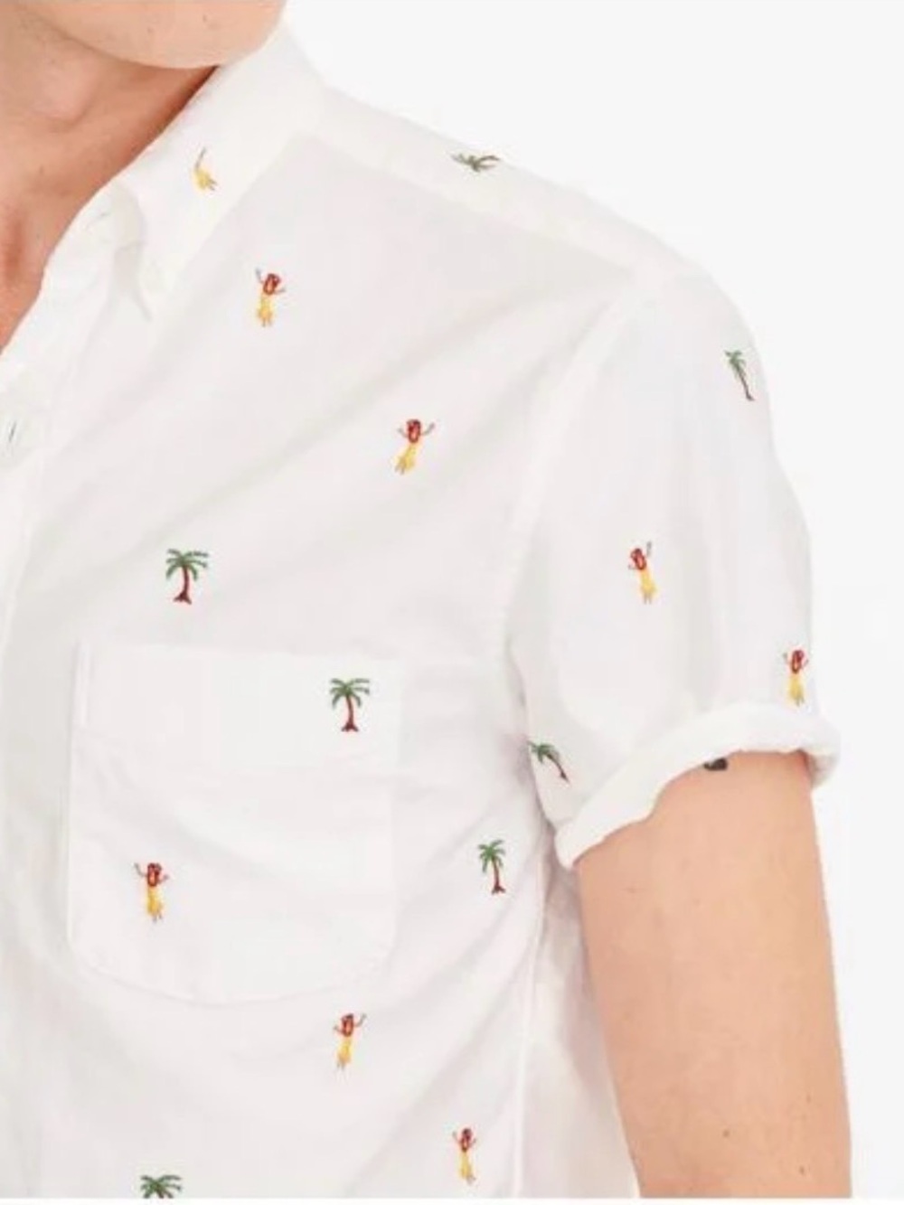 J.Crew Men's White Short-Sleeve Oxford Button-Up Shirt, Hula & Palm Embroidery
